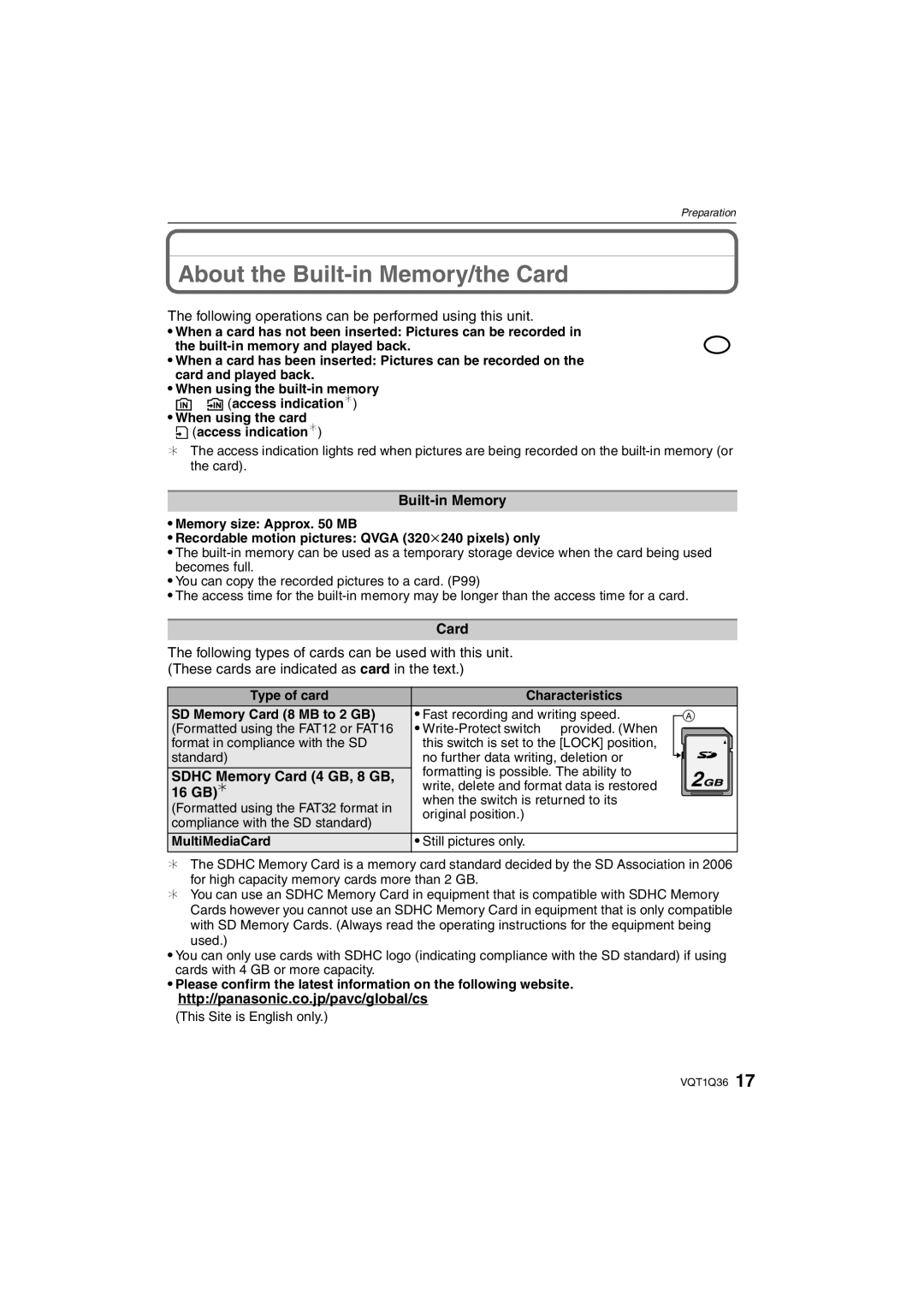 Panasonic DMC-FX500 operating instructions About the Built-in Memory/the Card, Sdhc Memory Card 4 GB, 8 GB, 16 GB ¢ 