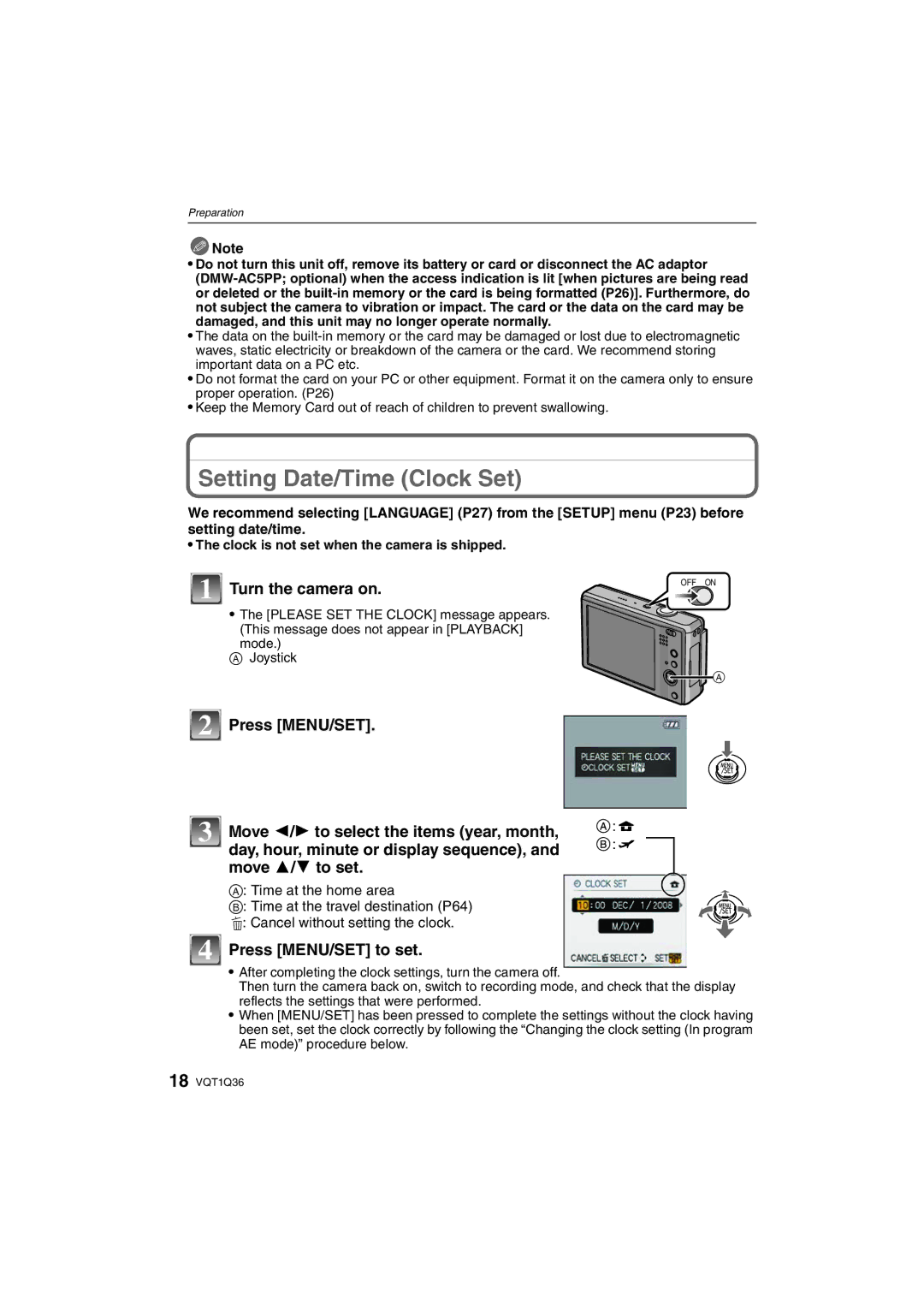 Panasonic DMC-FX500 operating instructions Setting Date/Time Clock Set, Turn the camera on, Press MENU/SET to set 