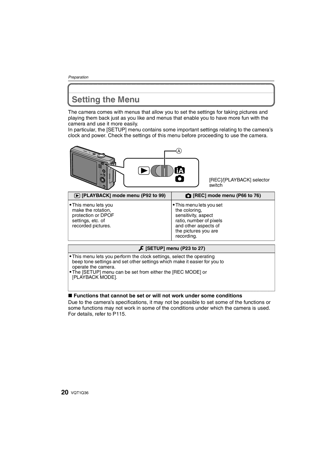 Panasonic DMC-FX500 Setting the Menu, Switch, Playback mode menu P92 to REC mode menu P66 to, This menu lets you 