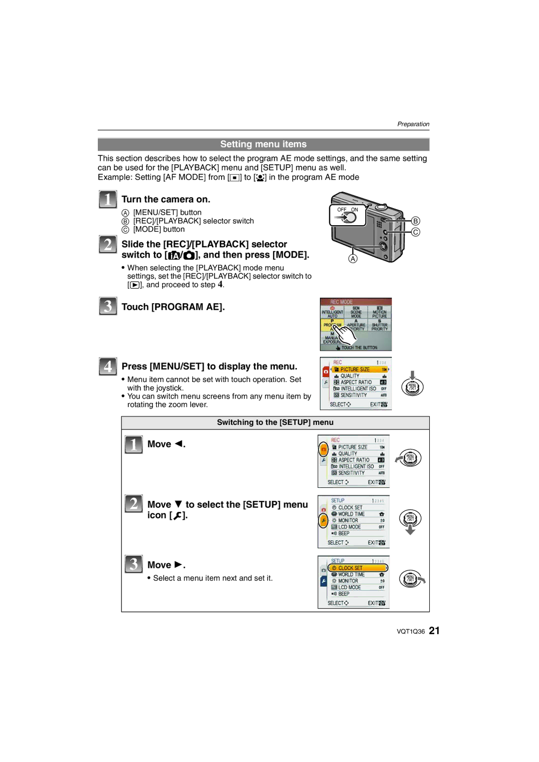 Panasonic DMC-FX500 operating instructions Setting menu items, Touch Program AE Press MENU/SET to display the menu 