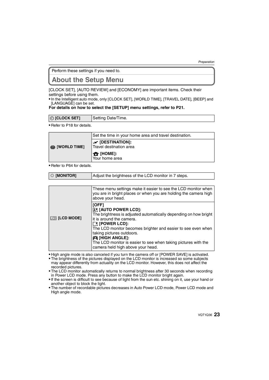 Panasonic DMC-FX500 operating instructions About the Setup Menu, Destination, OFF „ Auto Power LCD, … Power LCD, High Angle 