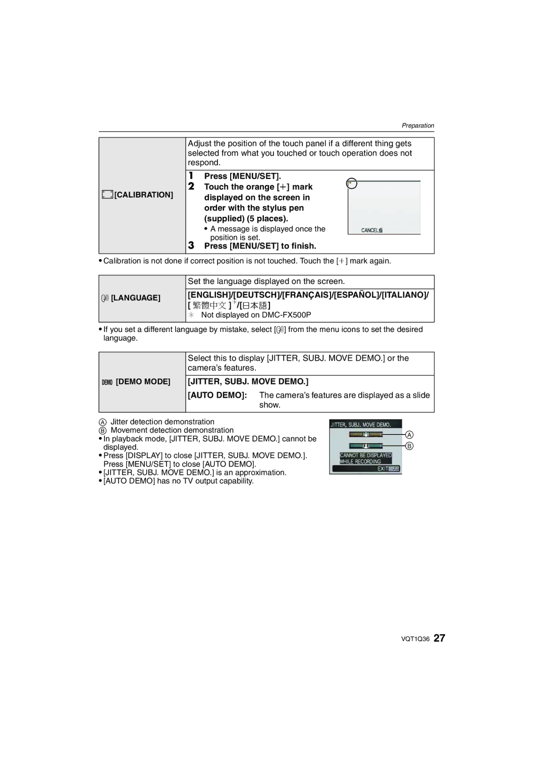 Panasonic DMC-FX500 Press MENU/SET to finish, Set the language displayed on the screen, JITTER, SUBJ. Move Demo 