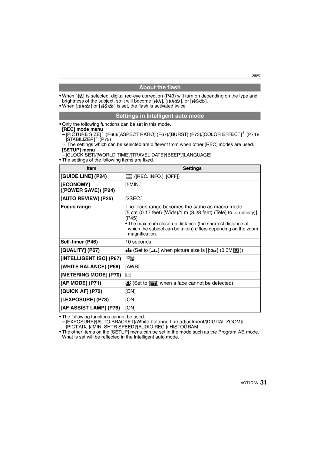 Panasonic DMC-FX500 operating instructions About the flash, Settings in Intelligent auto mode 