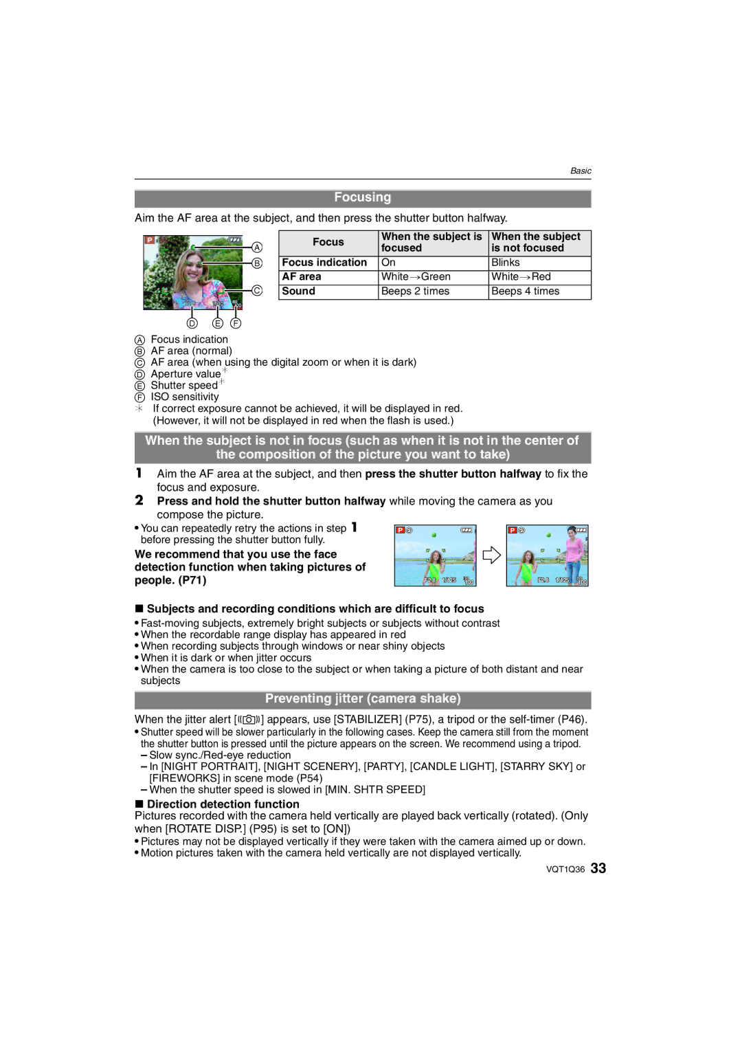 Panasonic DMC-FX500 Focusing, Preventing jitter camera shake, Compose the picture, Direction detection function 