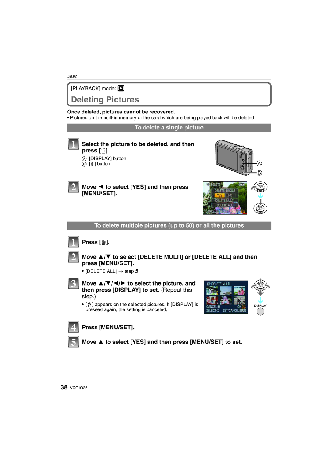 Panasonic DMC-FX500 Deleting Pictures, To delete a single picture, Select the picture to be deleted, and then press ‚ 