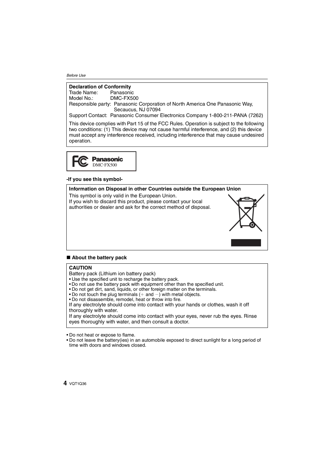 Panasonic DMC-FX500 Declaration of Conformity, This symbol is only valid in the European Union, About the battery pack 