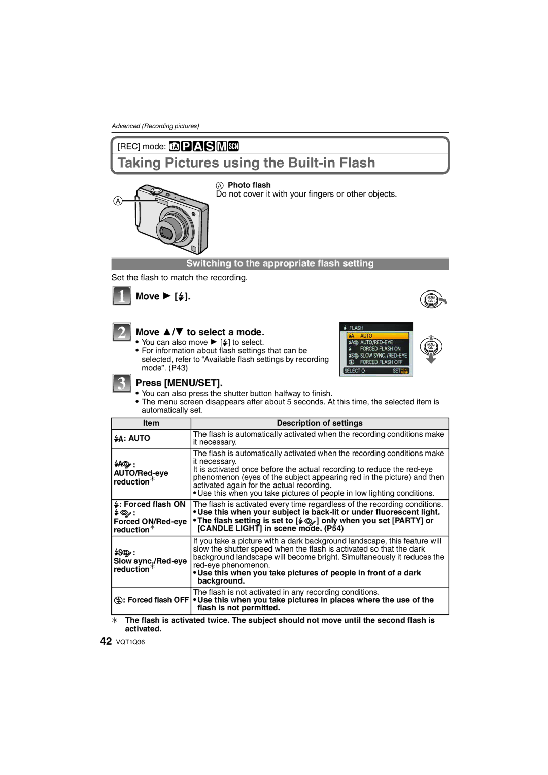 Panasonic DMC-FX500 Taking Pictures using the Built-in Flash, Switching to the appropriate flash setting, Press MENU/SET 