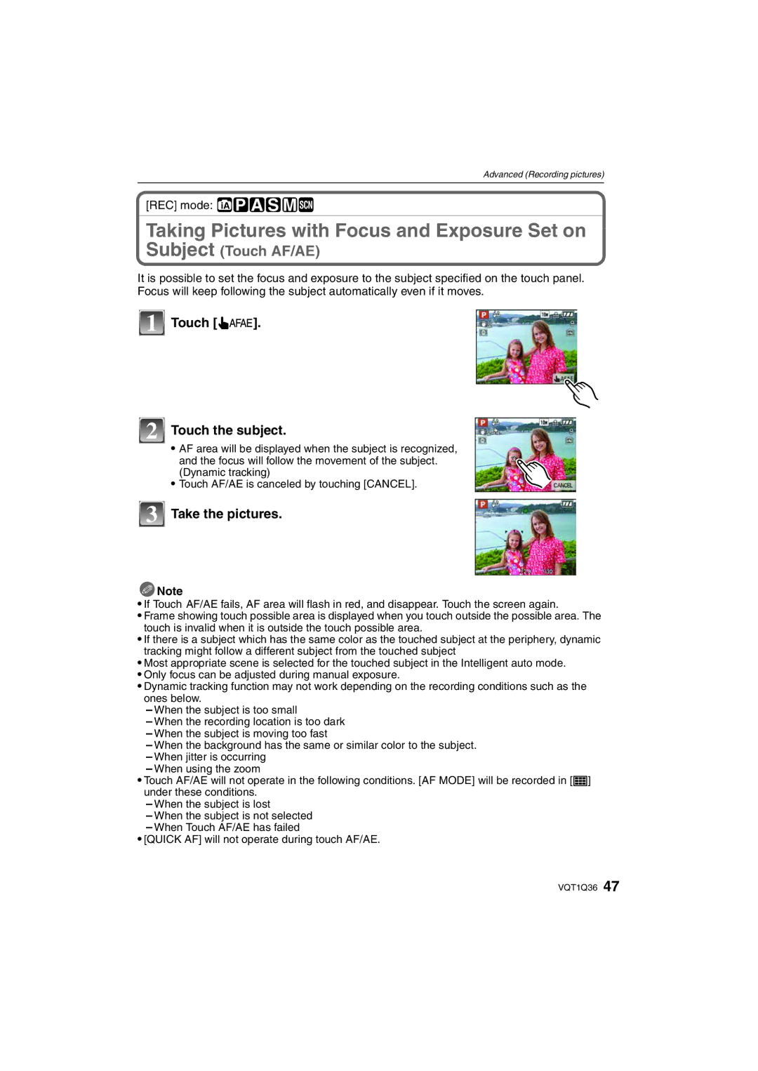 Panasonic DMC-FX500 operating instructions Taking Pictures with Focus and Exposure Set on, Touch Touch the subject 