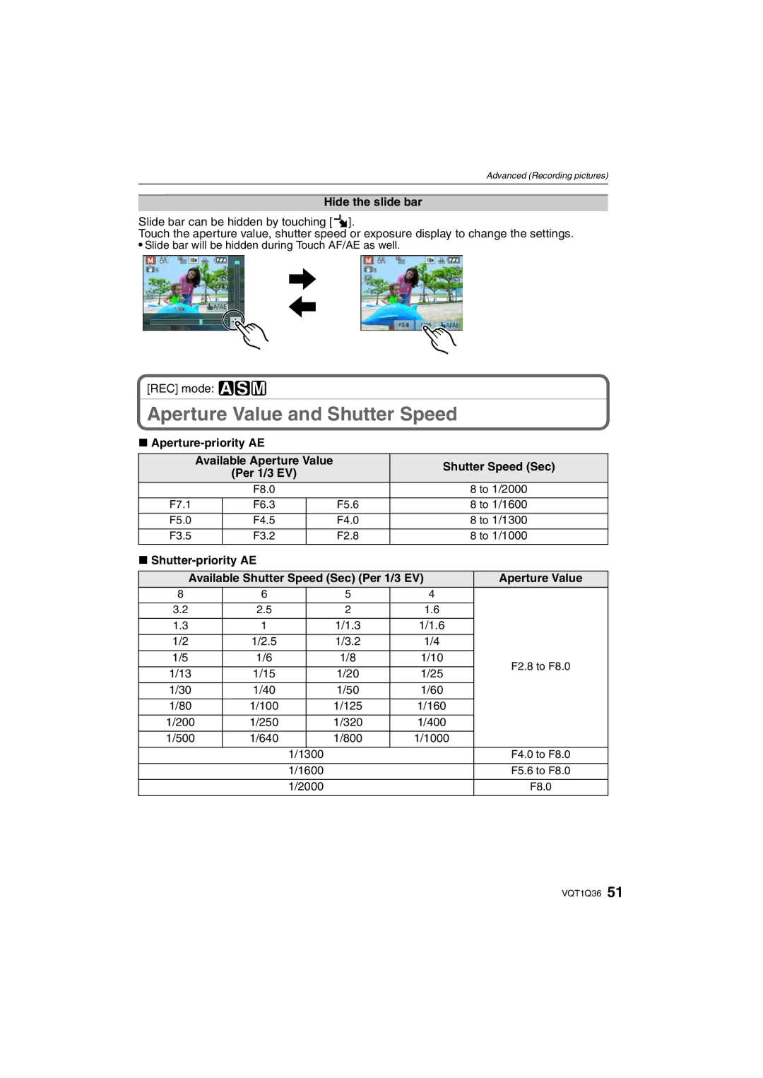 Panasonic DMC-FX500 Aperture Value and Shutter Speed, Hide the slide bar, Aperture-priority AE, Shutter Speed Sec 