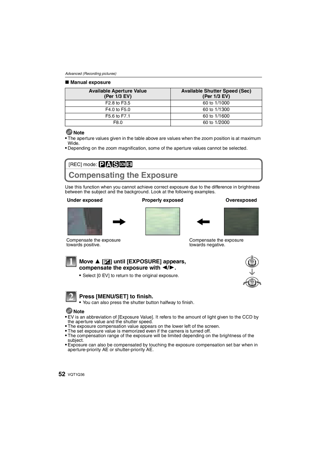 Panasonic DMC-FX500 Compensating the Exposure, Press MENU/SET to finish, REC mode ³±´¿n, Properly exposed 