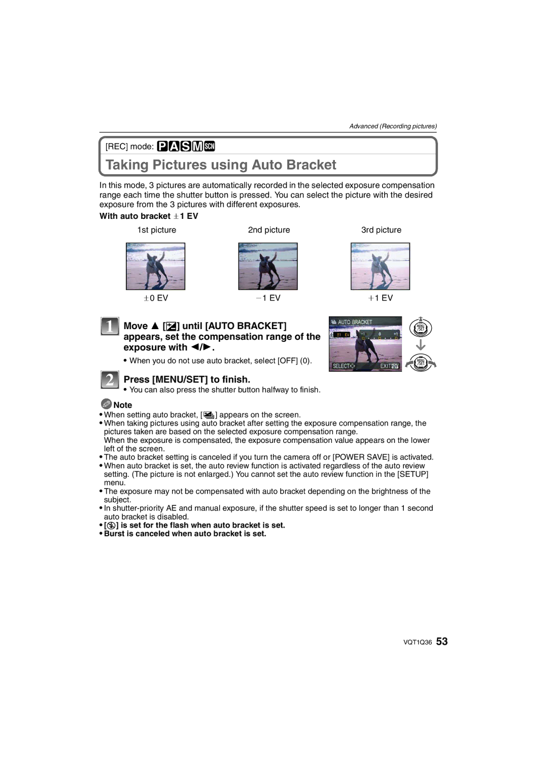 Panasonic DMC-FX500 Taking Pictures using Auto Bracket, Move 3 È until Auto Bracket, Appears, set the compensation range 