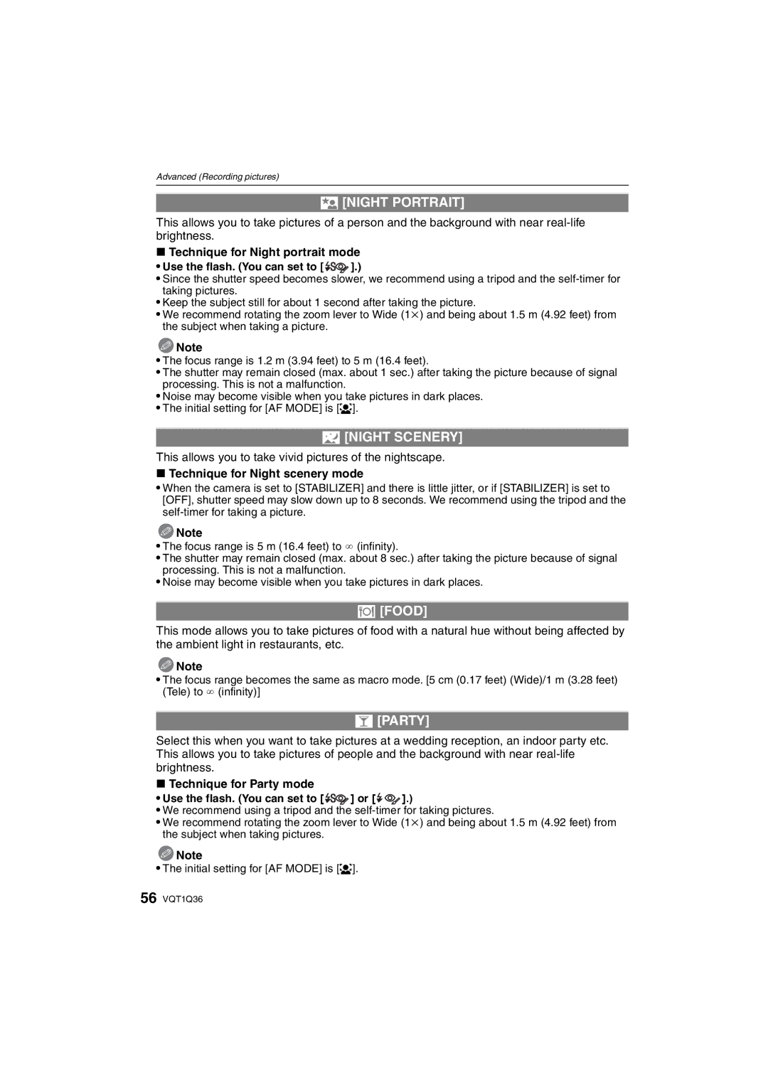 Panasonic DMC-FX500 operating instructions Night Portrait, Night Scenery, Food, Party 