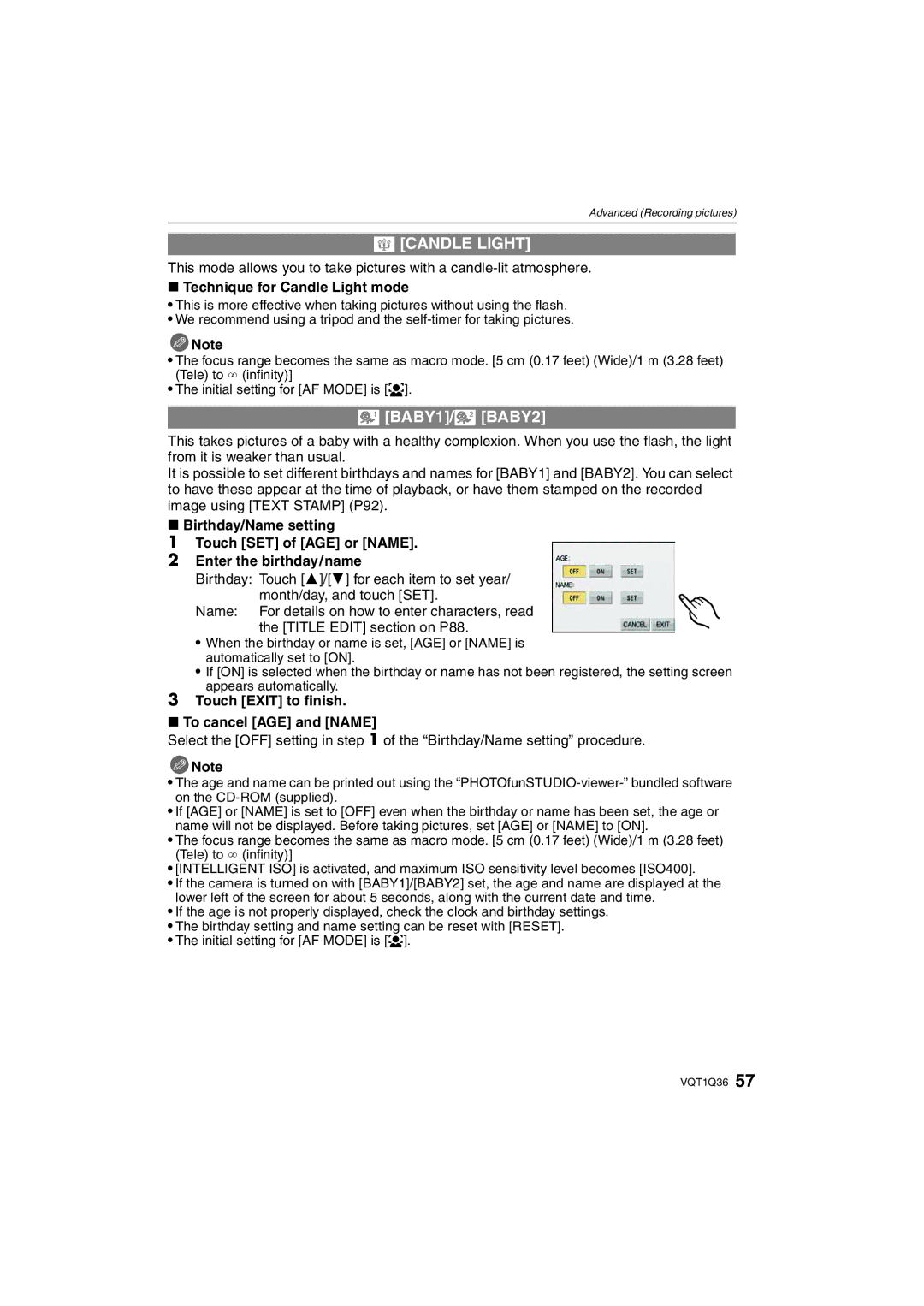Panasonic DMC-FX500 BABY1/ BABY2, Technique for Candle Light mode, Touch Exit to finish To cancel AGE and Name 