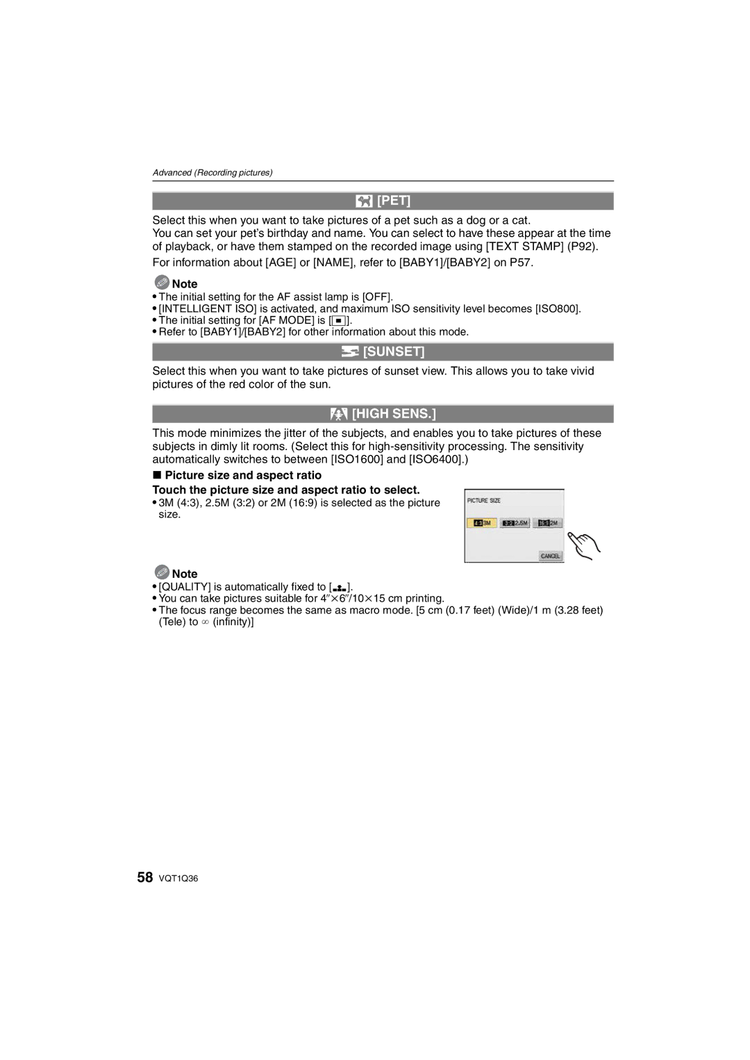 Panasonic DMC-FX500 operating instructions Pet, Sunset, High Sens 