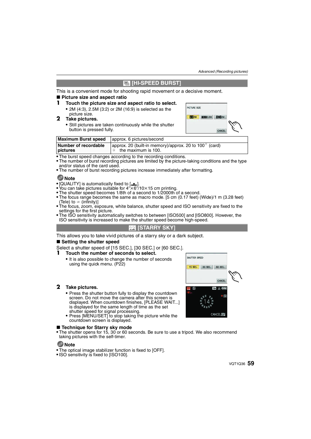 Panasonic DMC-FX500 operating instructions HI-SPEED Burst, Starry SKY 