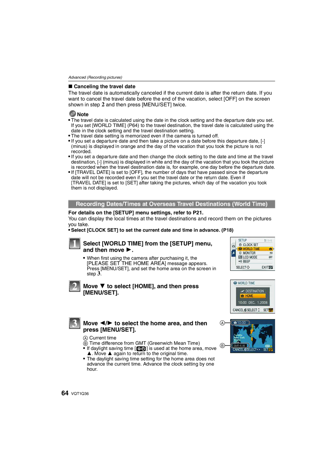 Panasonic DMC-FX500 operating instructions Select World Time from the Setup menu, and then move, Canceling the travel date 