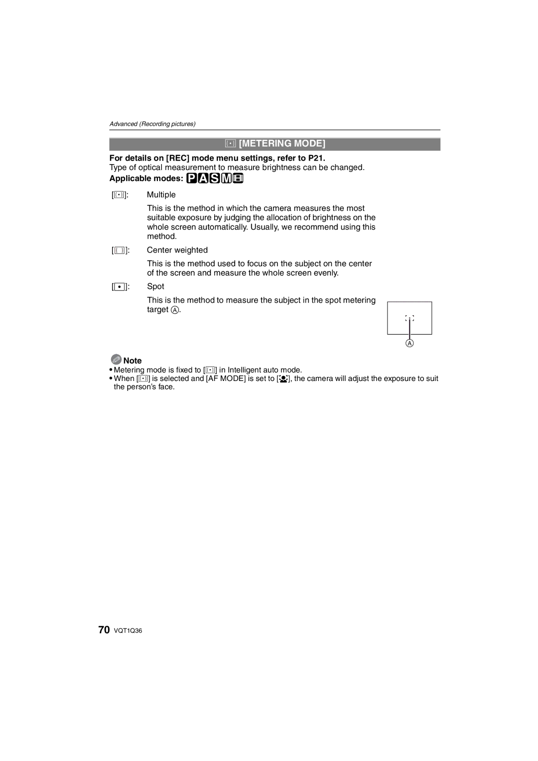 Panasonic DMC-FX500 operating instructions Metering Mode, Applicable modes ³±´²n 