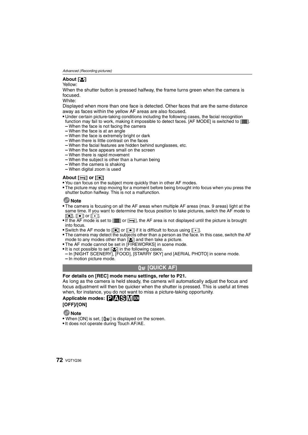 Panasonic DMC-FX500 operating instructions Quick AF, About š, About or ƒ, Applicable modes ³±´²¿ OFF/ON 