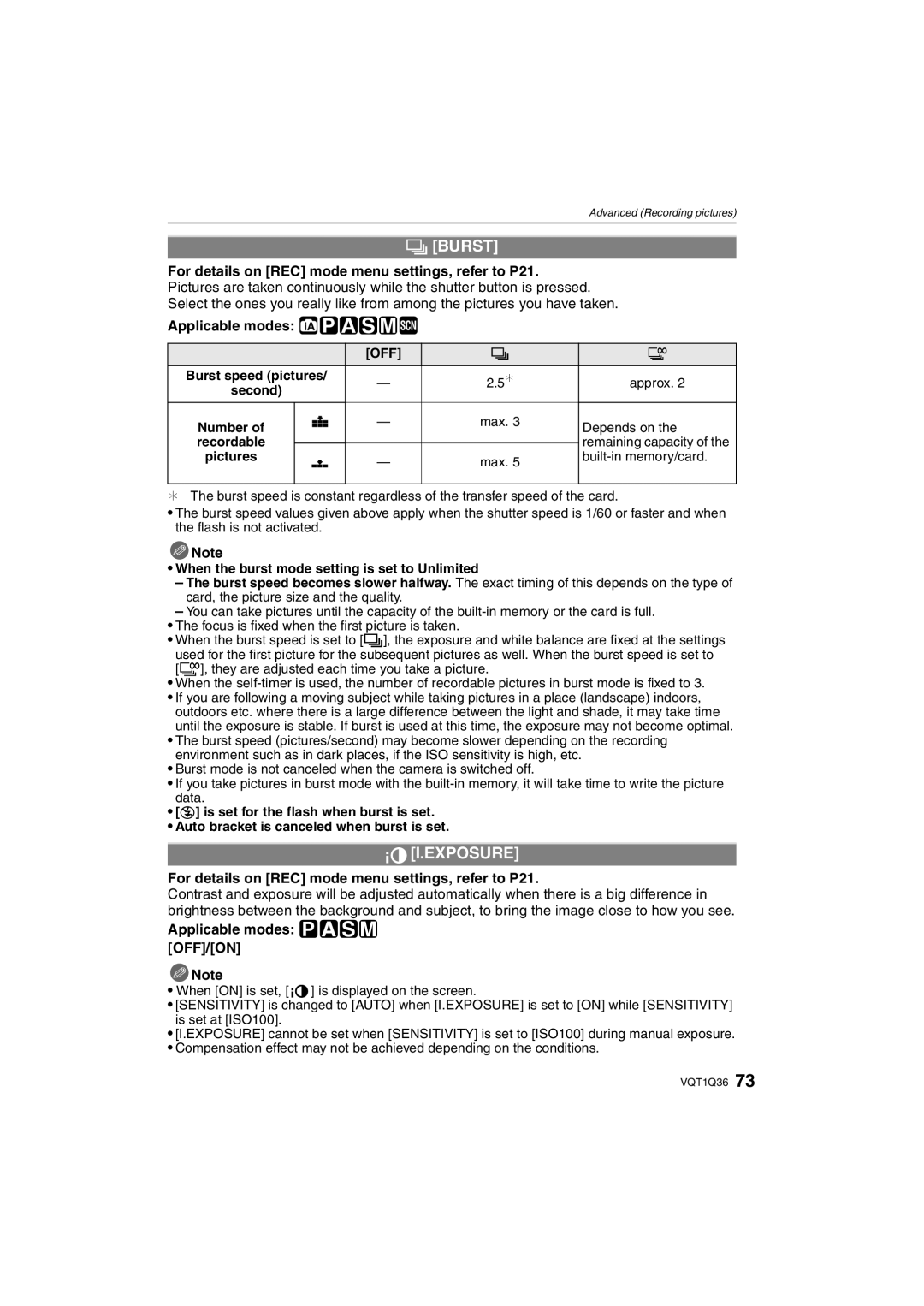 Panasonic DMC-FX500 operating instructions ˜ Burst, Exposure, Applicable modes ³±´² OFF/ON, Burst speed pictures, Second 