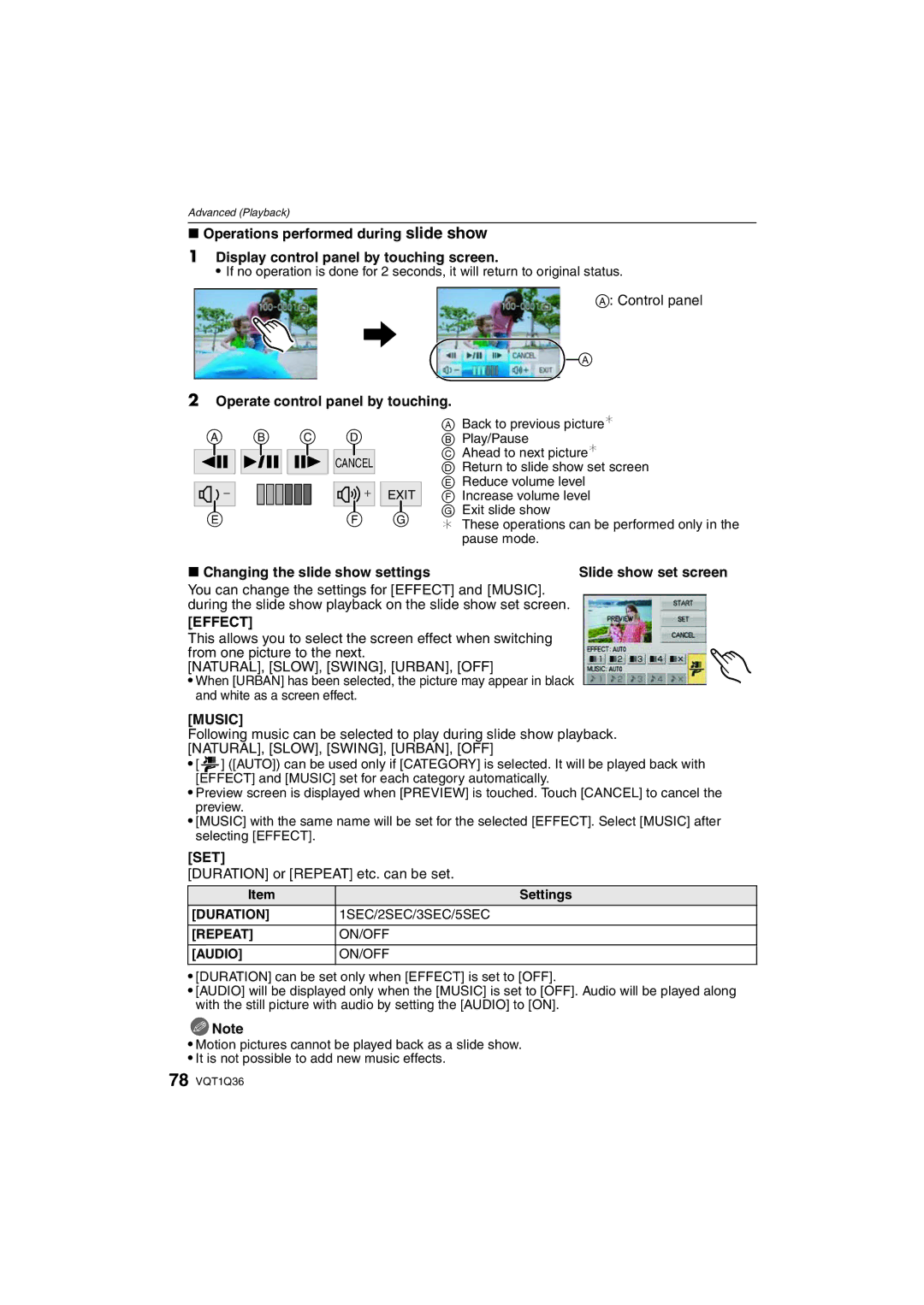 Panasonic DMC-FX500 Operate control panel by touching, Changing the slide show settings, Effect, Music, Set 