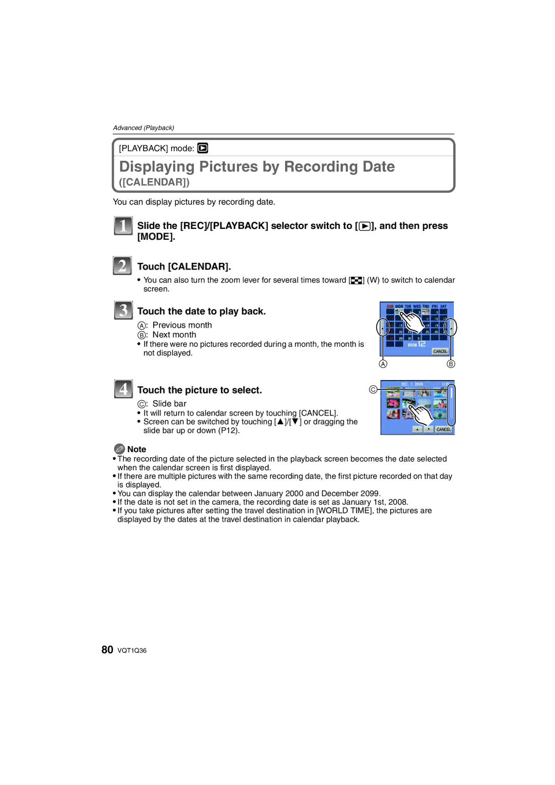 Panasonic DMC-FX500 Touch the date to play back, You can display pictures by recording date, Previous month Next month 