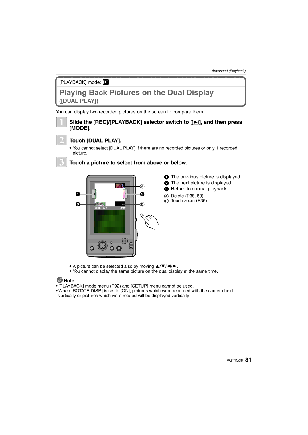 Panasonic DMC-FX500 Playing Back Pictures on the Dual Display, Touch a picture to select from above or below 