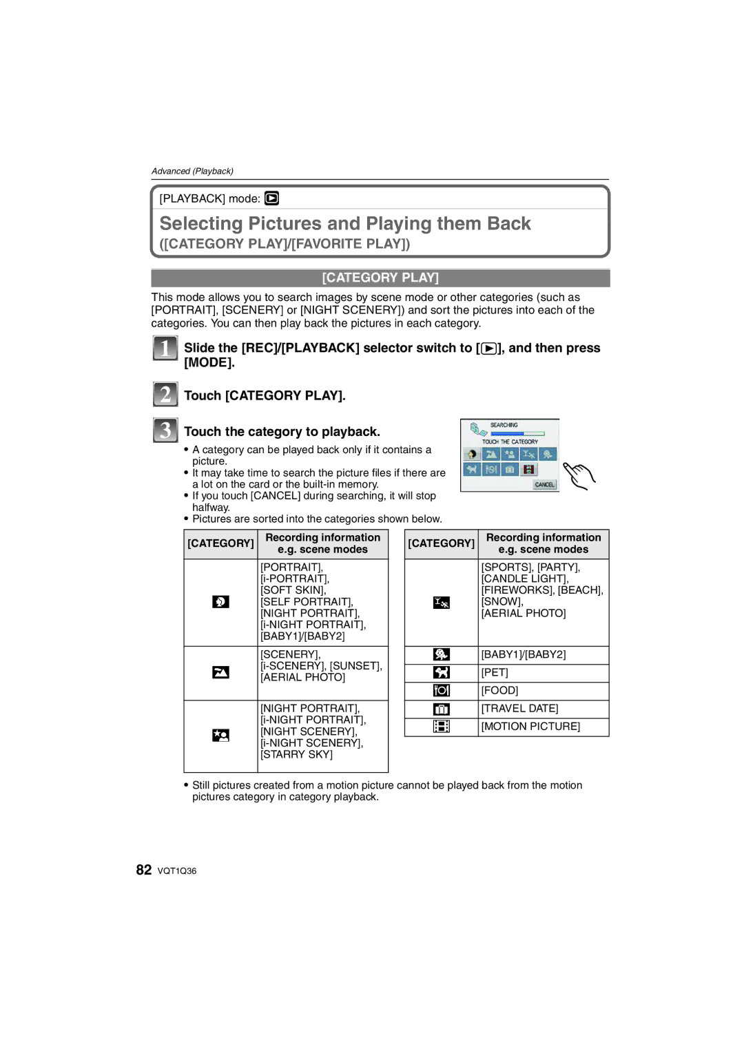 Panasonic DMC-FX500 Selecting Pictures and Playing them Back, Category Play, Recording information, Scene modes 