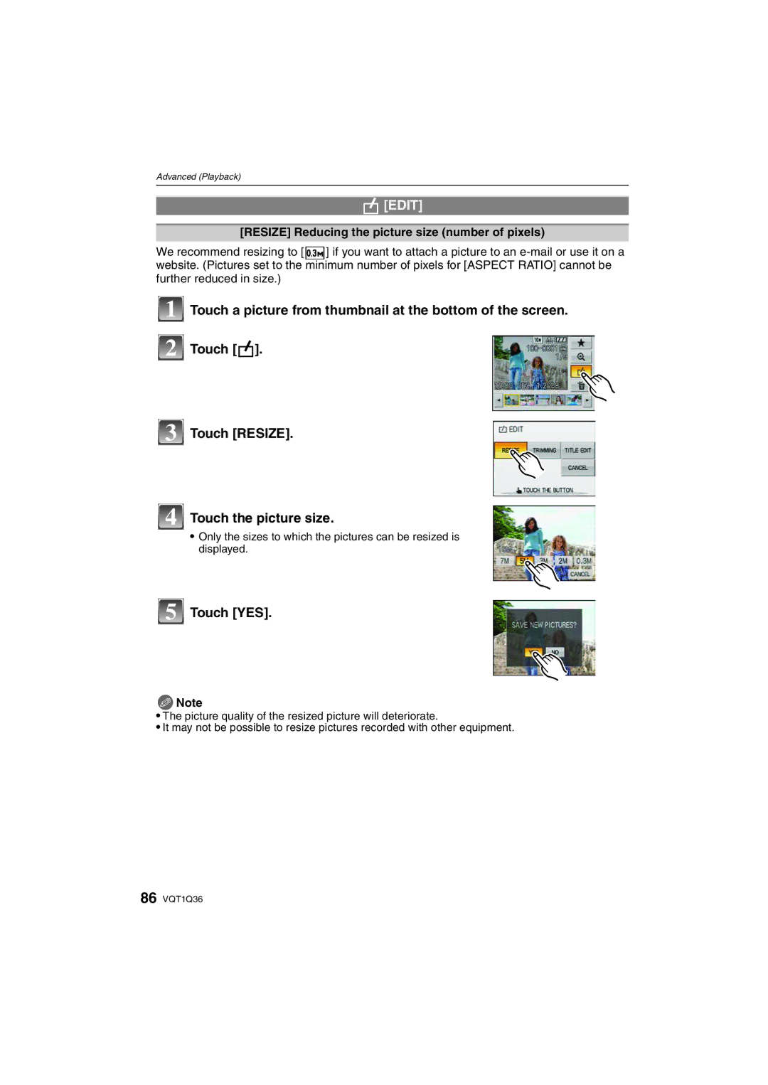 Panasonic DMC-FX500 operating instructions Edit, Touch YES, Resize Reducing the picture size number of pixels 