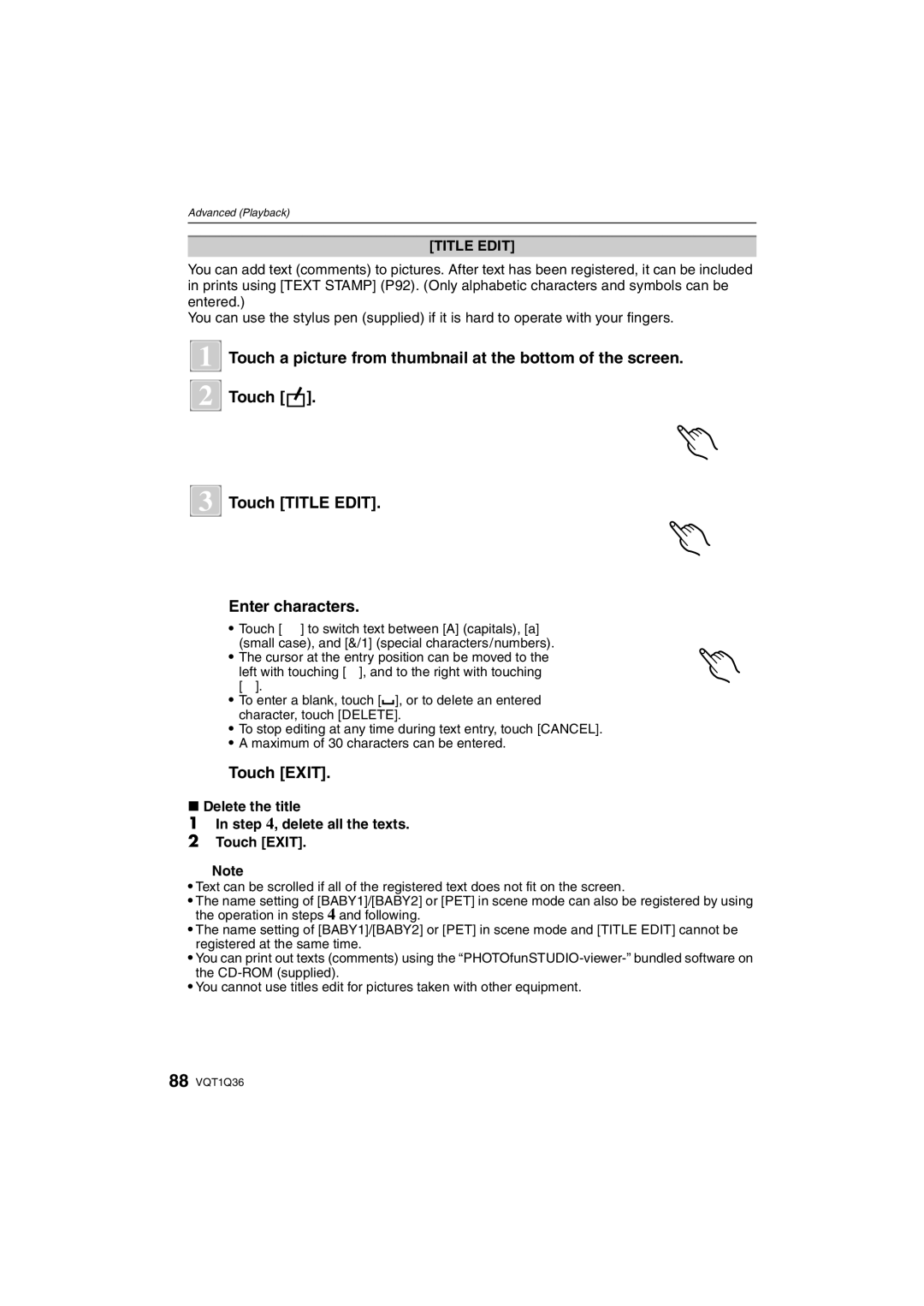 Panasonic DMC-FX500 operating instructions Title Edit, Delete the title , delete all the texts Touch Exit 