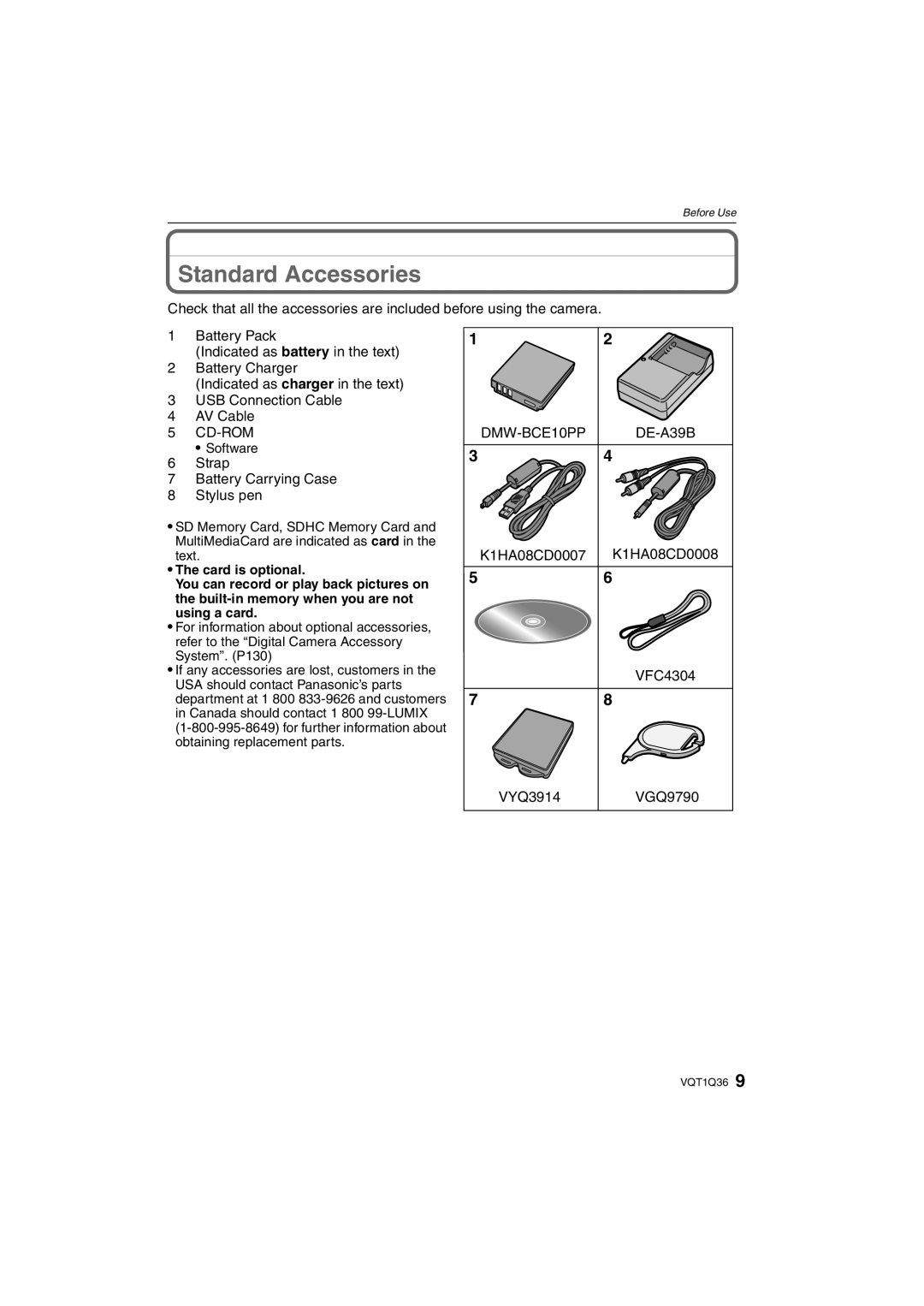 Panasonic DMC-FX500 operating instructions Standard Accessories, Strap Battery Carrying Case Stylus pen, Software 