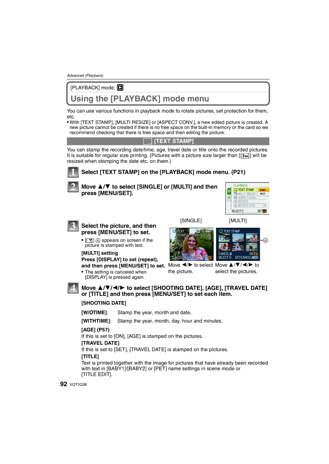 Panasonic DMC-FX500 operating instructions Using the Playback mode menu, Text Stamp, Shooting Date, Travel Date, Title 