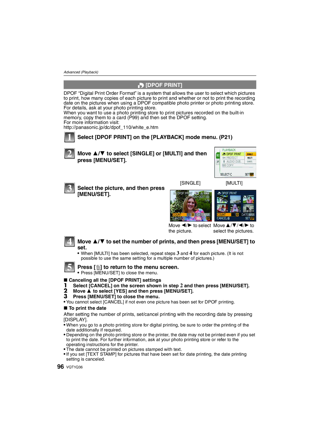 Panasonic DMC-FX500 operating instructions Dpof Print, Select the picture, and then press MENU/SET, To print the date 