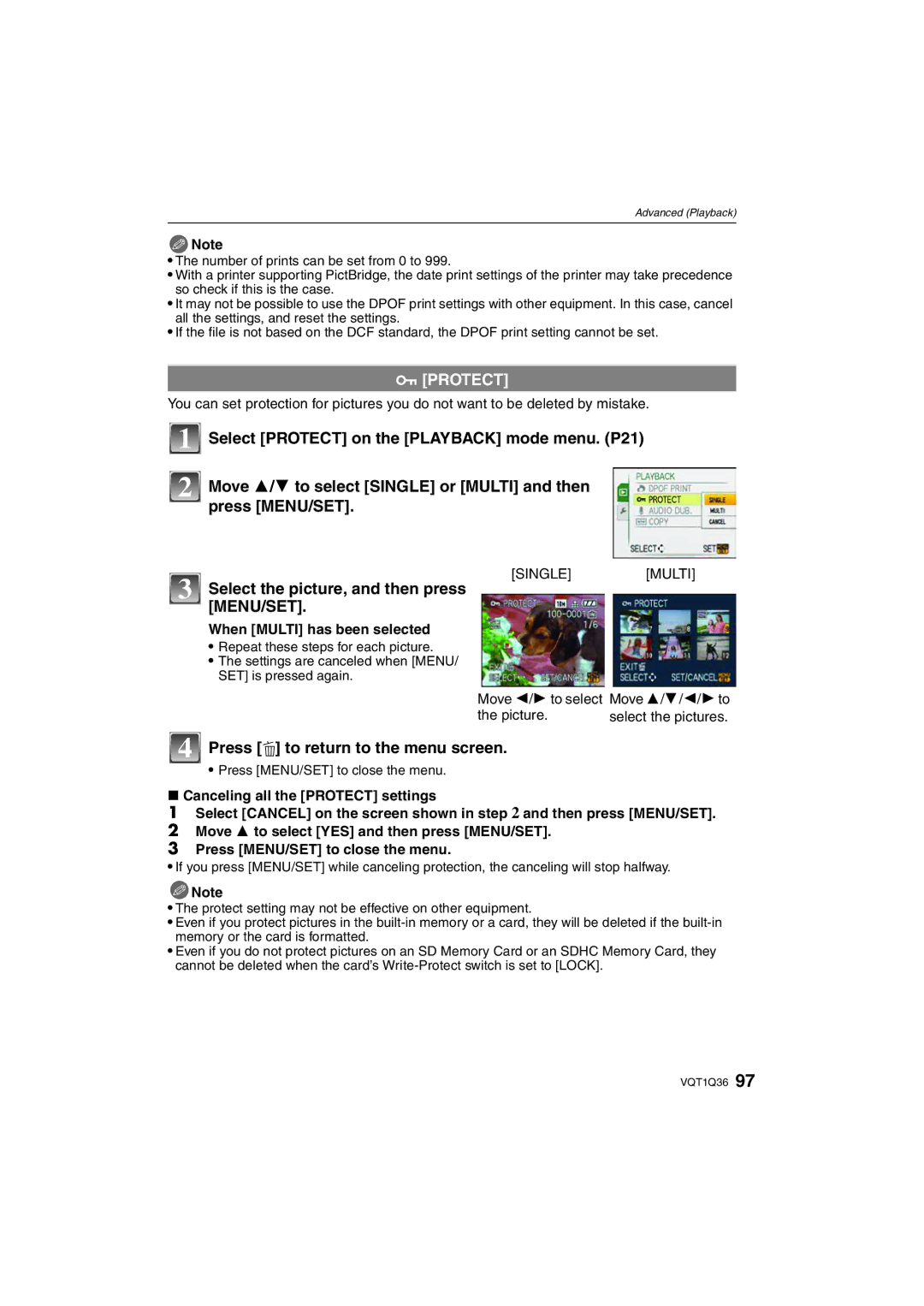 Panasonic DMC-FX500 operating instructions Protect, Select the picture, and then press, When Multi has been selected 