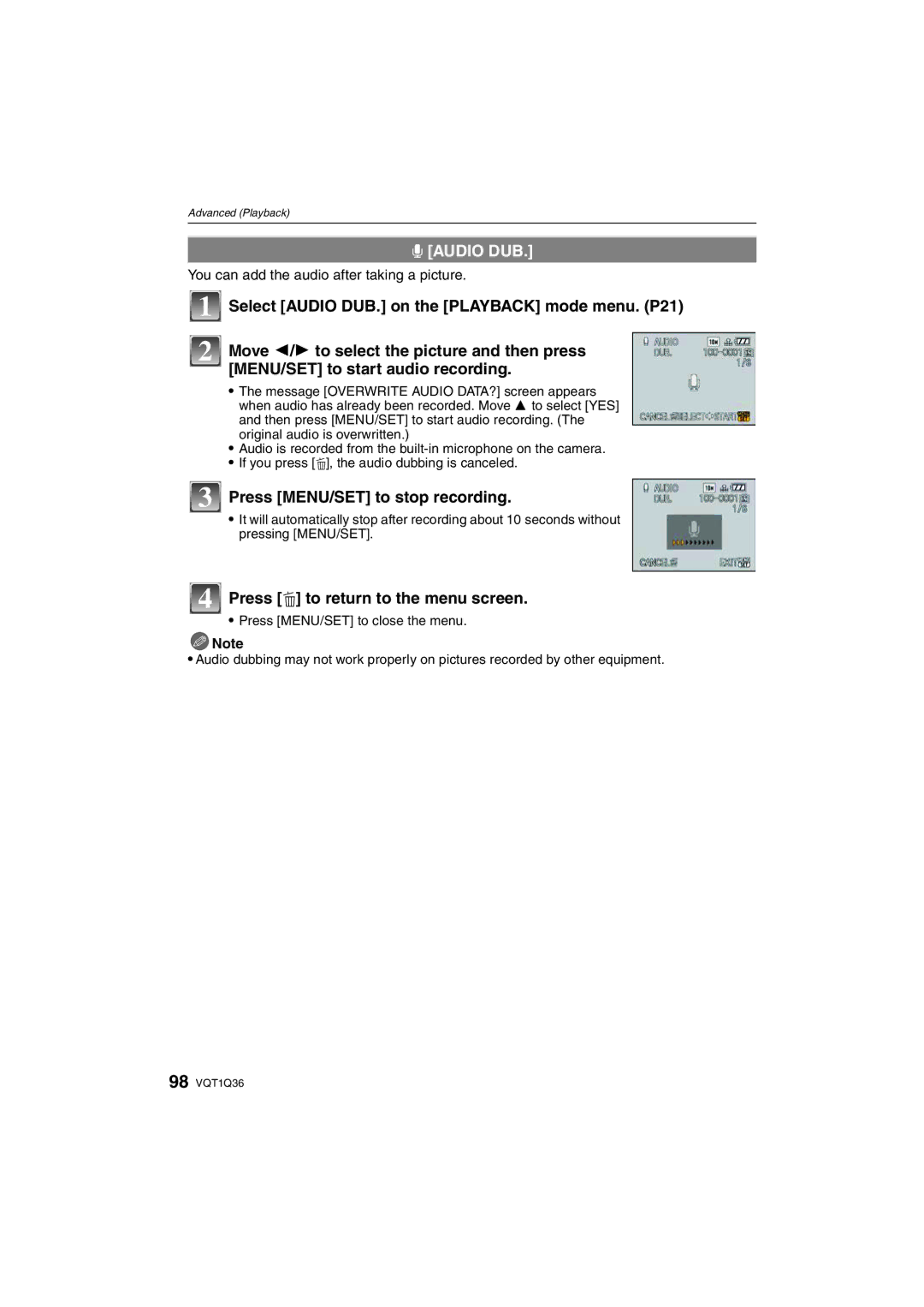 Panasonic DMC-FX500 Audio DUB, Press MENU/SET to stop recording, You can add the audio after taking a picture 