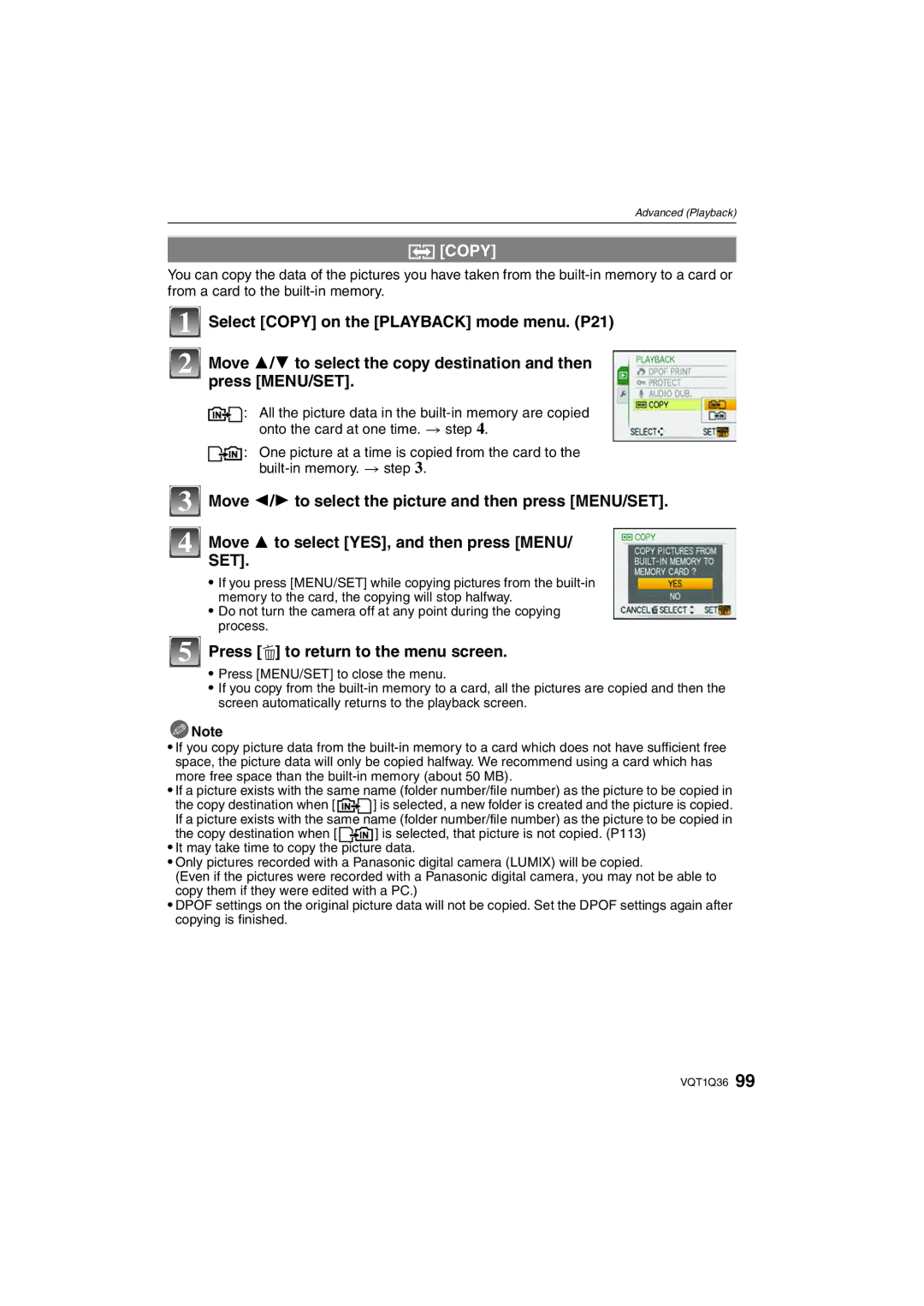 Panasonic DMC-FX500 operating instructions Copy, Move 2/ 1 to select the picture and then press MENU/SET 