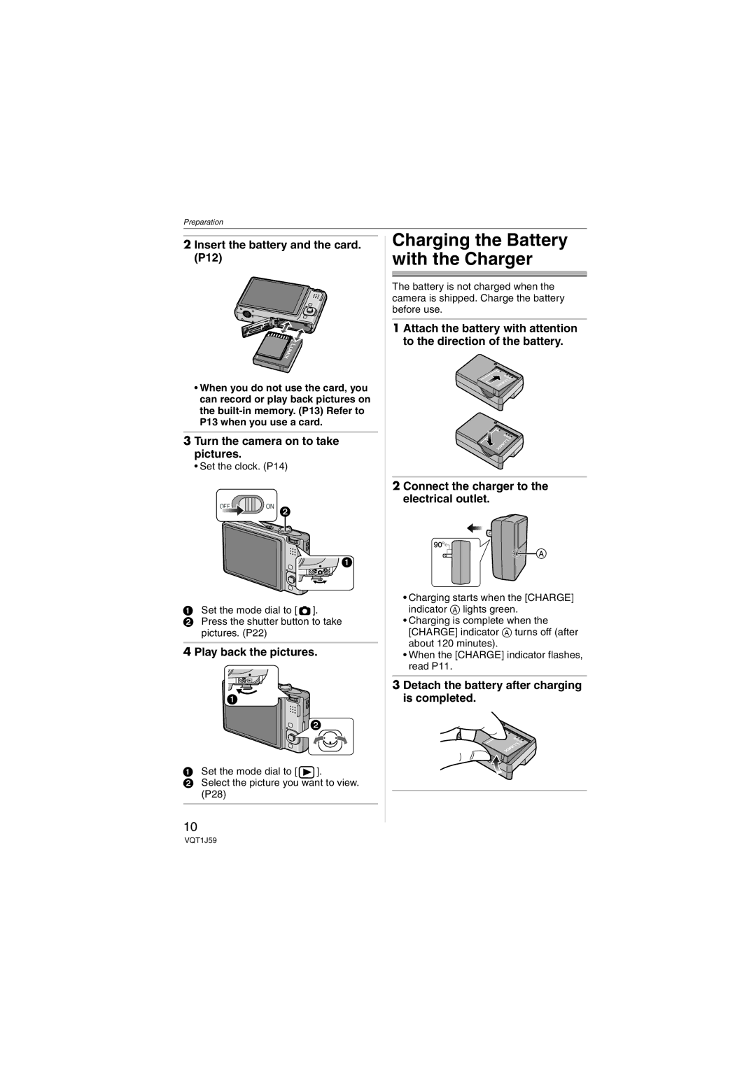 Panasonic DMC-FX55 Insert the battery and the card P12, Turn the camera on to take pictures, Play back the pictures 