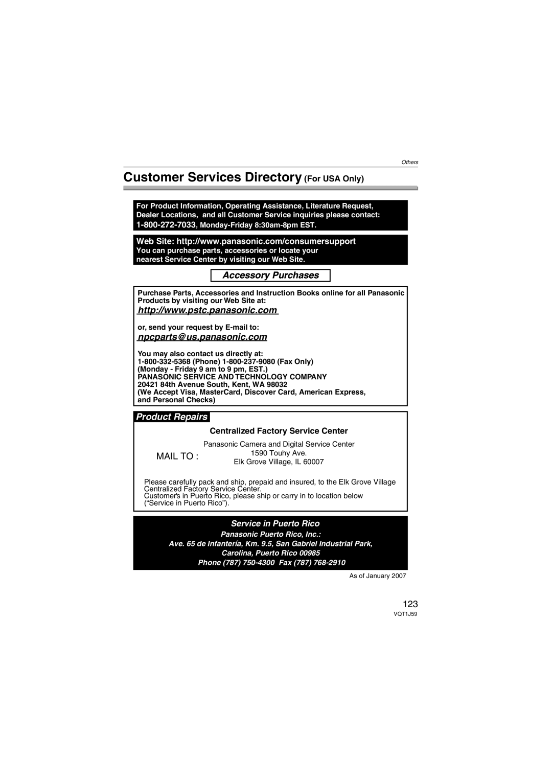 Panasonic DMC-FX55 operating instructions Customer Services Directory For USA Only, 123, Centralized Factory Service Center 