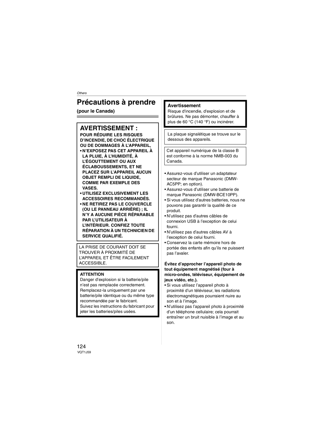 Panasonic DMC-FX55 operating instructions Précautions à prendre, 124, Pour le Canada, Avertissement 