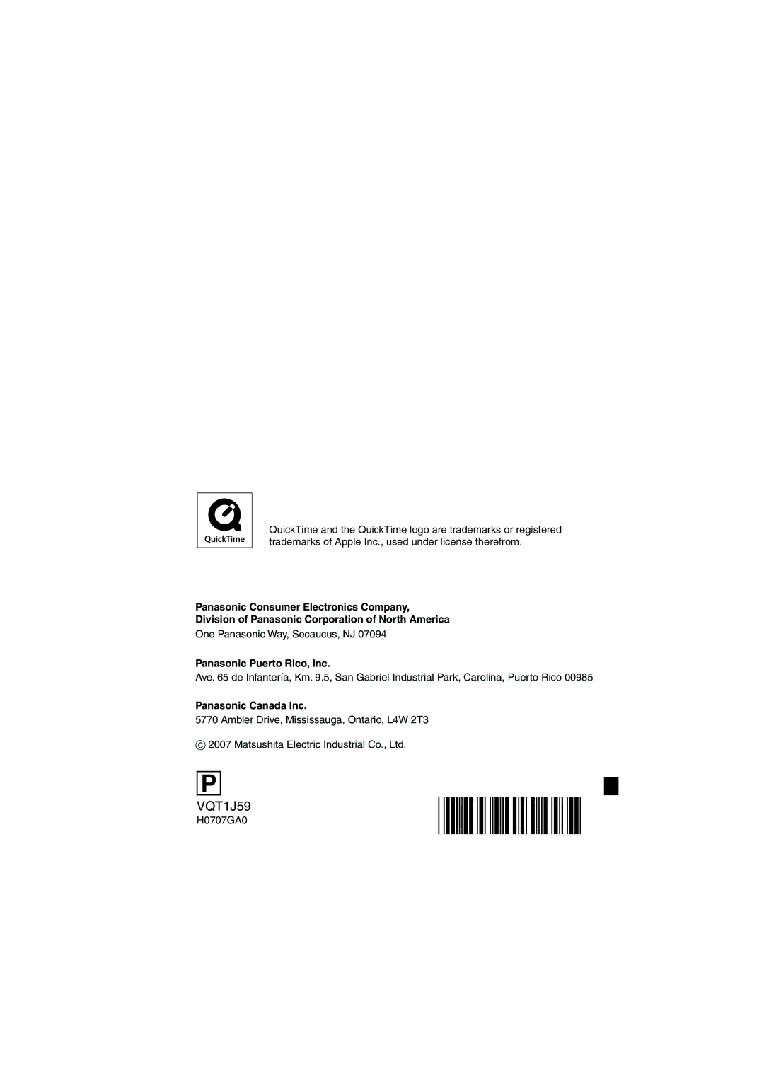 Panasonic DMC-FX55 One Panasonic Way, Secaucus, NJ, Panasonic Puerto Rico, Inc, Panasonic Canada Inc, H0707GA0 