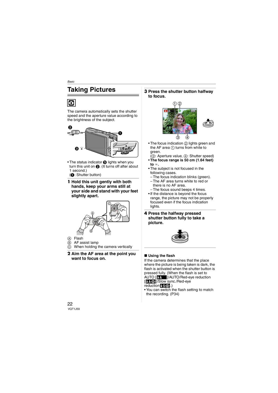 Panasonic DMC-FX55 Taking Pictures, Flash AF assist lamp When holding the camera vertically, Using the flash 