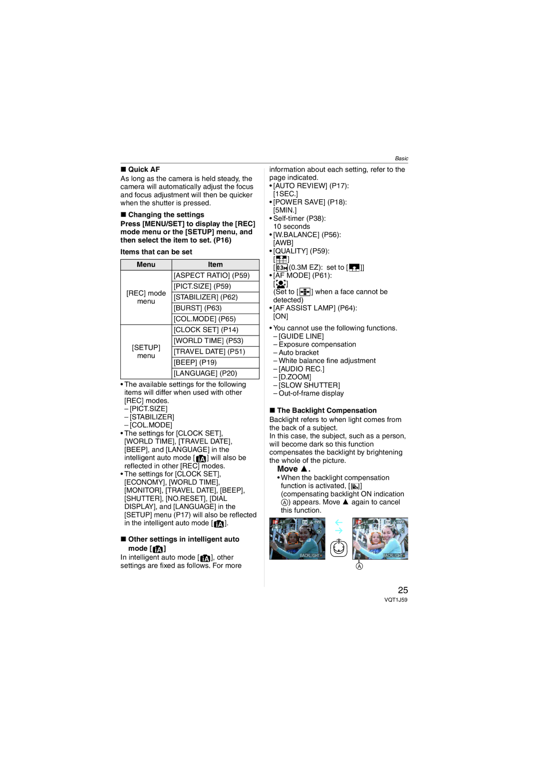 Panasonic DMC-FX55 operating instructions Move, Quick AF, Changing the settings, Items that can be set Menu 