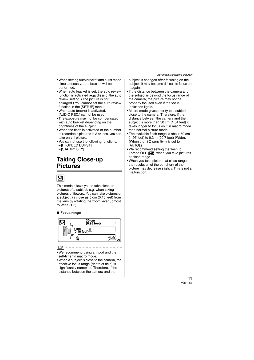 Panasonic DMC-FX55 operating instructions Taking Close-up Pictures, HI-SPEED Burst Starry SKY, Focus range 