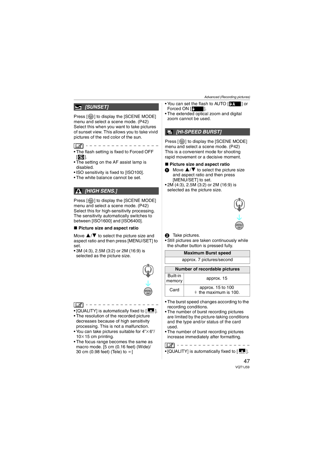 Panasonic DMC-FX55 operating instructions Sunset, High Sens, HI-SPEED Burst 