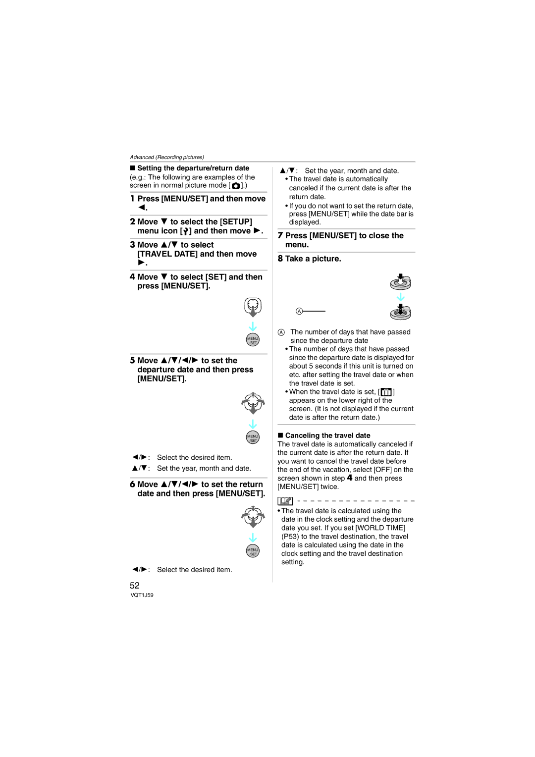 Panasonic DMC-FX55 Move 3/4/2/1 to set the return date and then press MENU/SET, Setting the departure/return date 