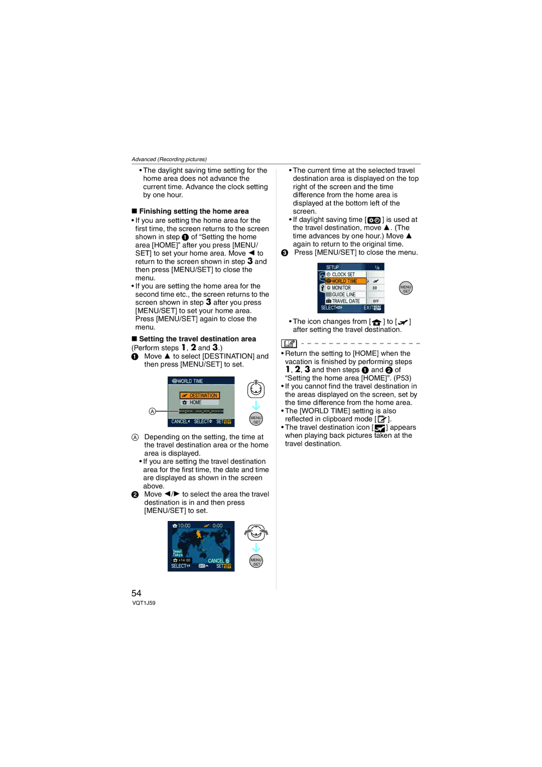 Panasonic DMC-FX55 Finishing setting the home area, Setting the travel destination area Perform steps 1, 2 