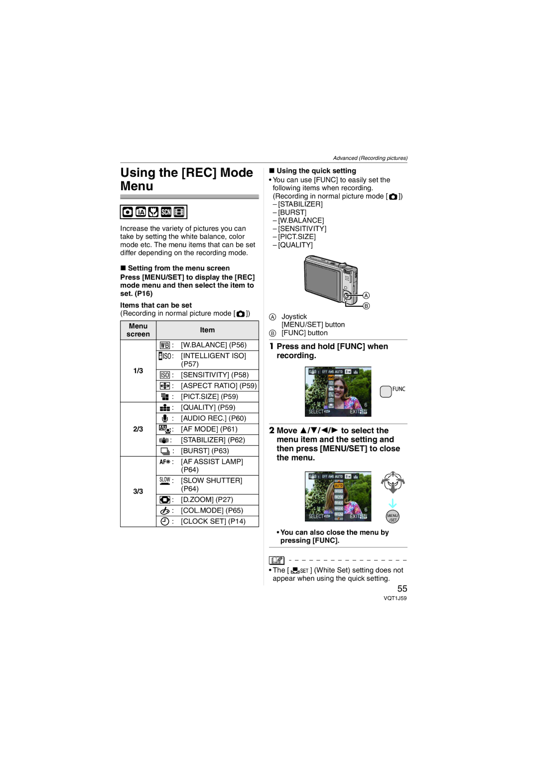 Panasonic DMC-FX55 Using the REC Mode Menu, Using the quick setting, You can also close the menu by pressing Func 