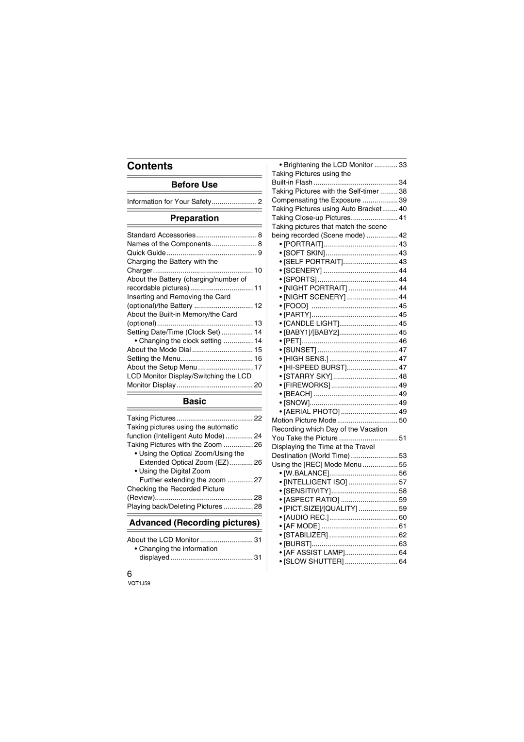 Panasonic DMC-FX55 operating instructions Contents 