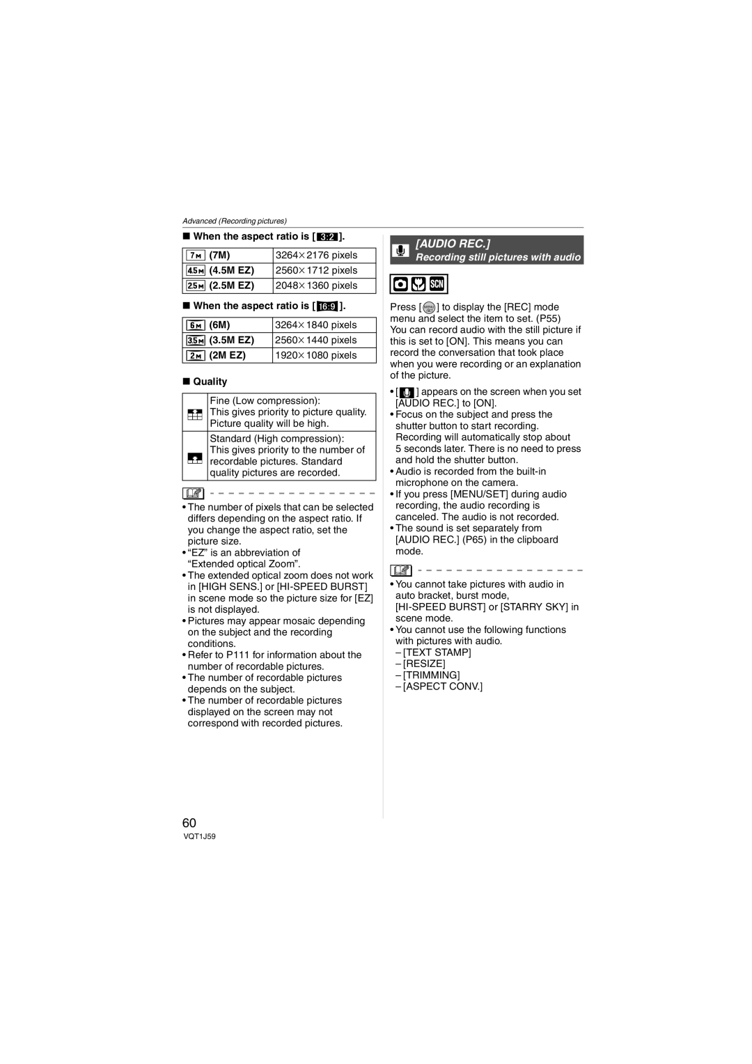 Panasonic DMC-FX55 operating instructions Audio REC, 5M EZ, 2M EZ, Quality, Recording still pictures with audio 