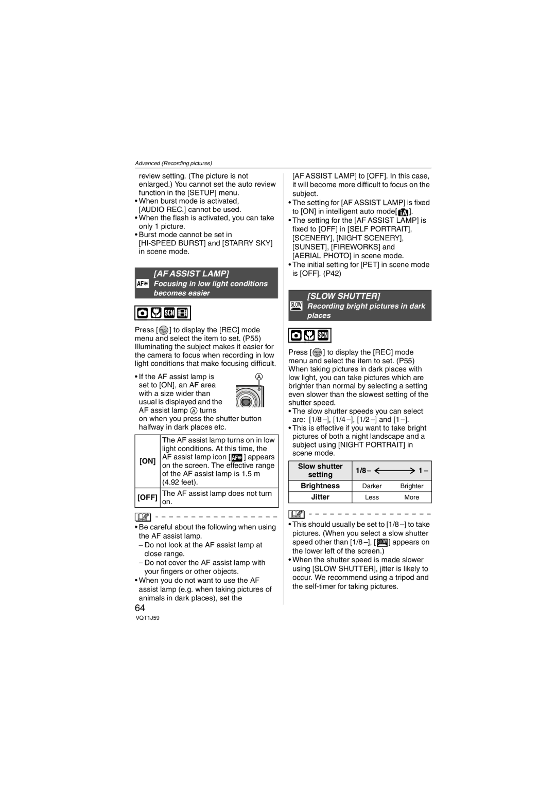 Panasonic DMC-FX55 operating instructions AF Assist Lamp, Slow Shutter, Focusing in low light conditions becomes easier 