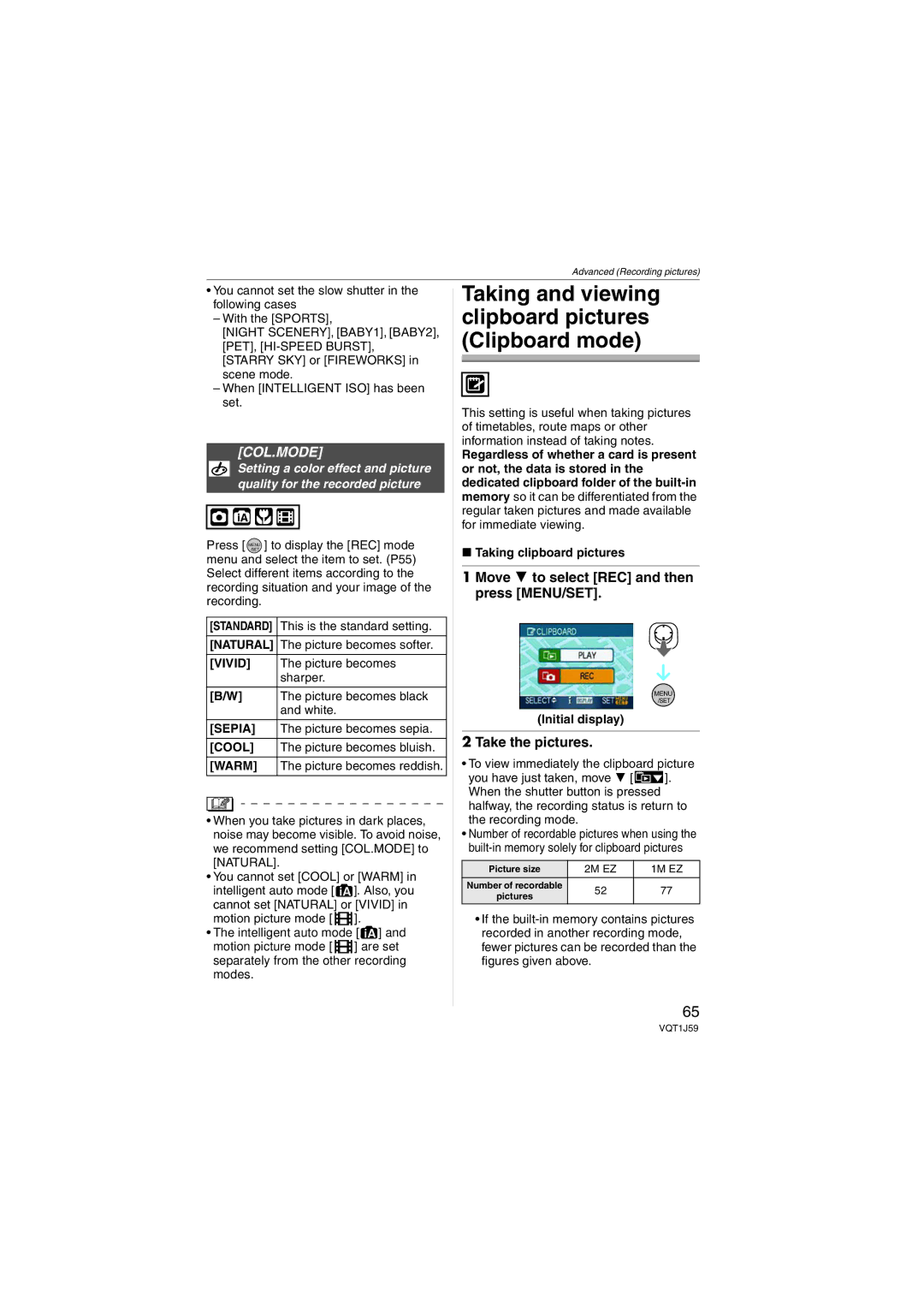 Panasonic DMC-FX55 operating instructions Col.Mode, Move 4 to select REC and then press MENU/SET, Take the pictures 